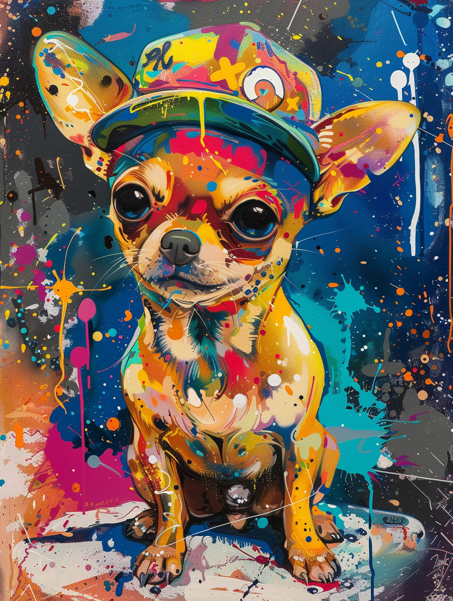 Colorful space Chihuahua dog with a hat Expressive surreal Poster # F024455