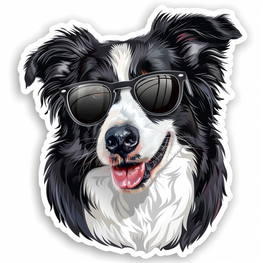 Border Collie Dog wearing sunglasses Expressive surreal Vinyl Decal Sticker for Car, Laptop, Tumbler and more # F021689-4" x 4"