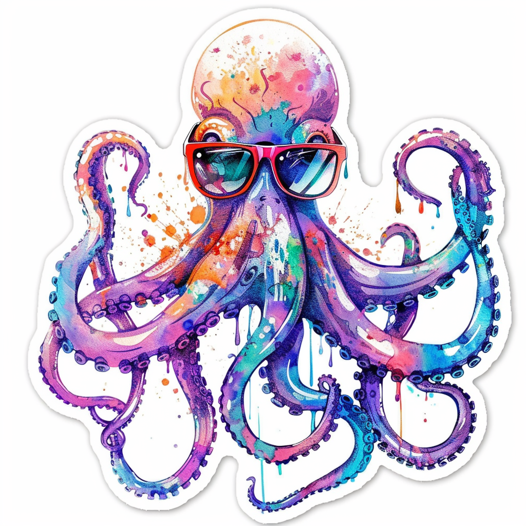 Sticker of a Octopus wearing sunglasses majestic Expressive surreal Vinyl Decal Sticker for Car, Laptop, Tumbler and more # F015389