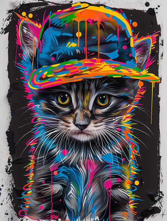 colorful space American Shorthair cat with a hat Expressive surreal Poster # F025232