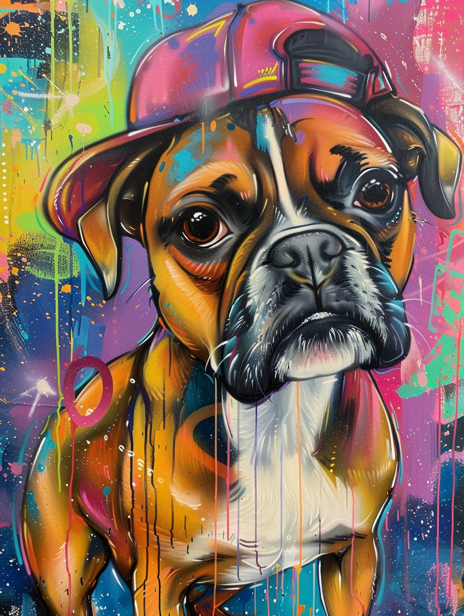 Colorful space Boxer dog with a hat Expressive surreal Poster # F024891