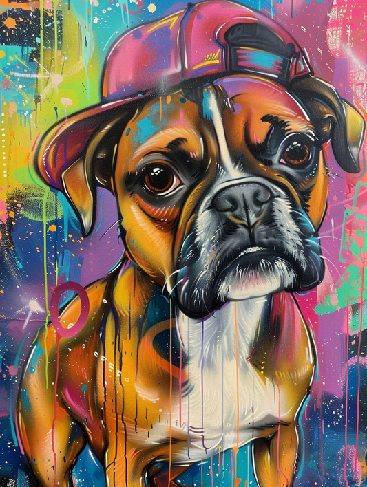 Colorful space Boxer dog with a hat Expressive surreal Poster # F024891