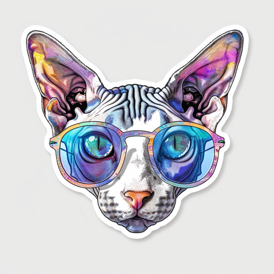 Cornish Rex Cat wearing sunglasses Expressive surreal Vinyl Decal Sticker for Car, Laptop, Tumbler and more # F020740-4" x 4"