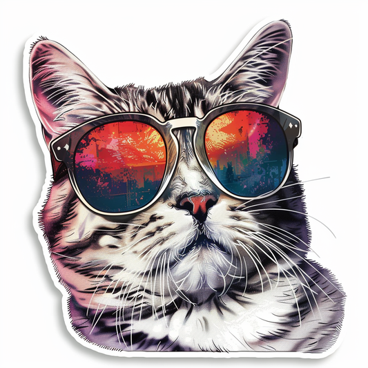 American Shorthair Cat wearing sunglasses Expressive surreal Vinyl Decal Sticker for Car, Laptop, Tumbler and more # F019914-4" x 4"