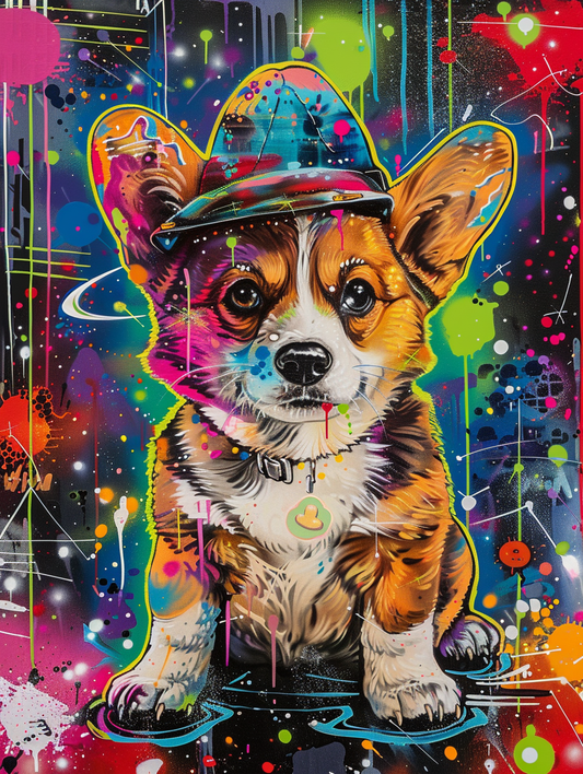 Colorful space Pembroke Welsh Corgi dog with a hat Expressive surreal Poster # F025021