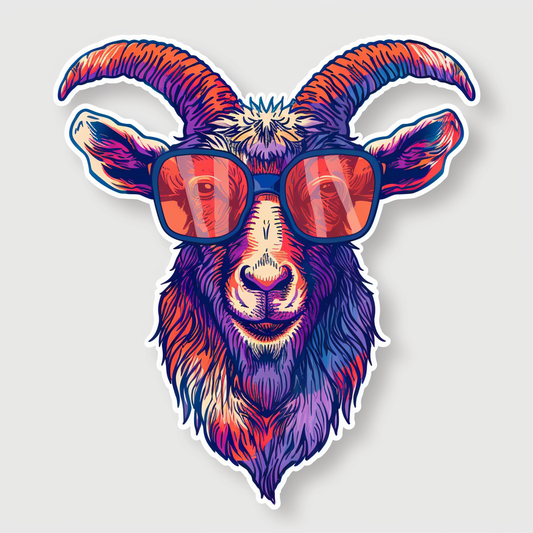Goat wearing sunglasses Expressive surreal Vinyl Decal Sticker for Car, Laptop, Tumbler and more # F020454-4" x 4"