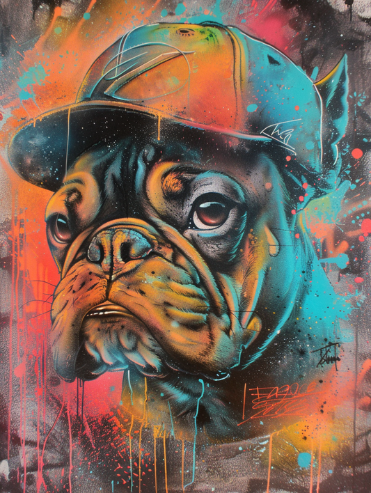 Colorful space Bulldog dog with a hat Expressive surreal Poster # F025633