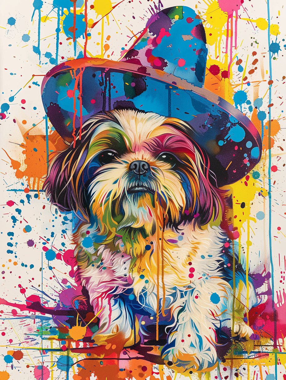 Colorful space Shih Tzu dog with a hat Expressive surreal Poster # F024544