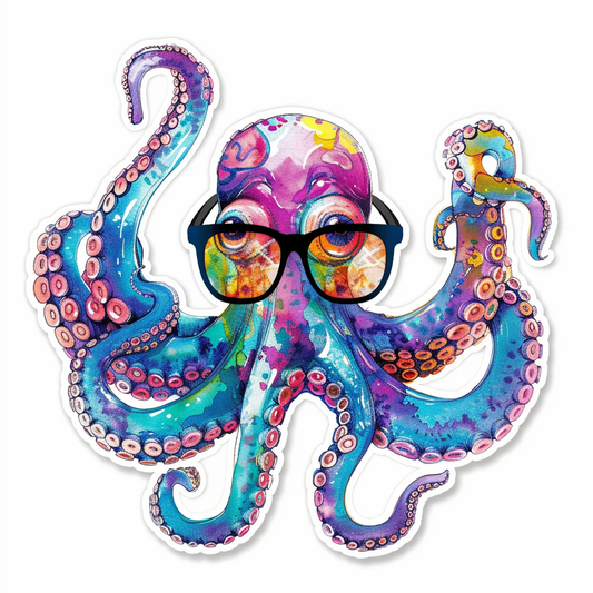 Sticker of a Octopus wearing sunglasses majestic Expressive surreal Vinyl Decal Sticker for Car, Laptop, Tumbler and more # F015376