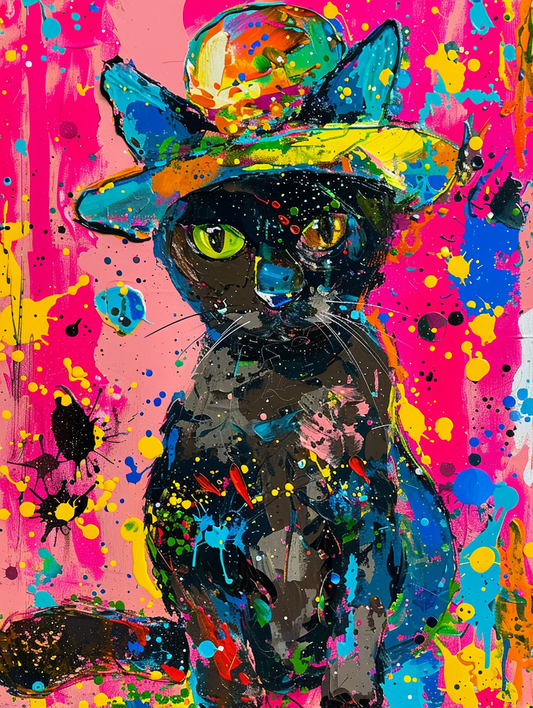colorful space American Shorthair cat with a hat Expressive surreal Poster # F025233