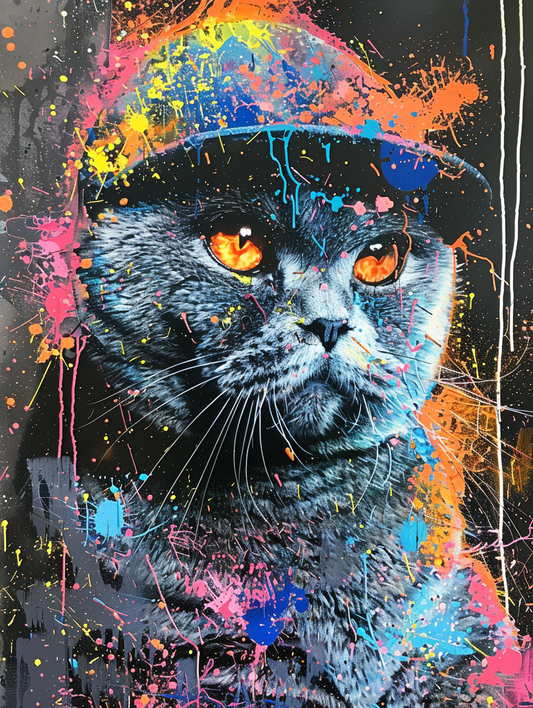 Colorful space British Shorthair cat with a hat Expressive surreal Poster # F024642