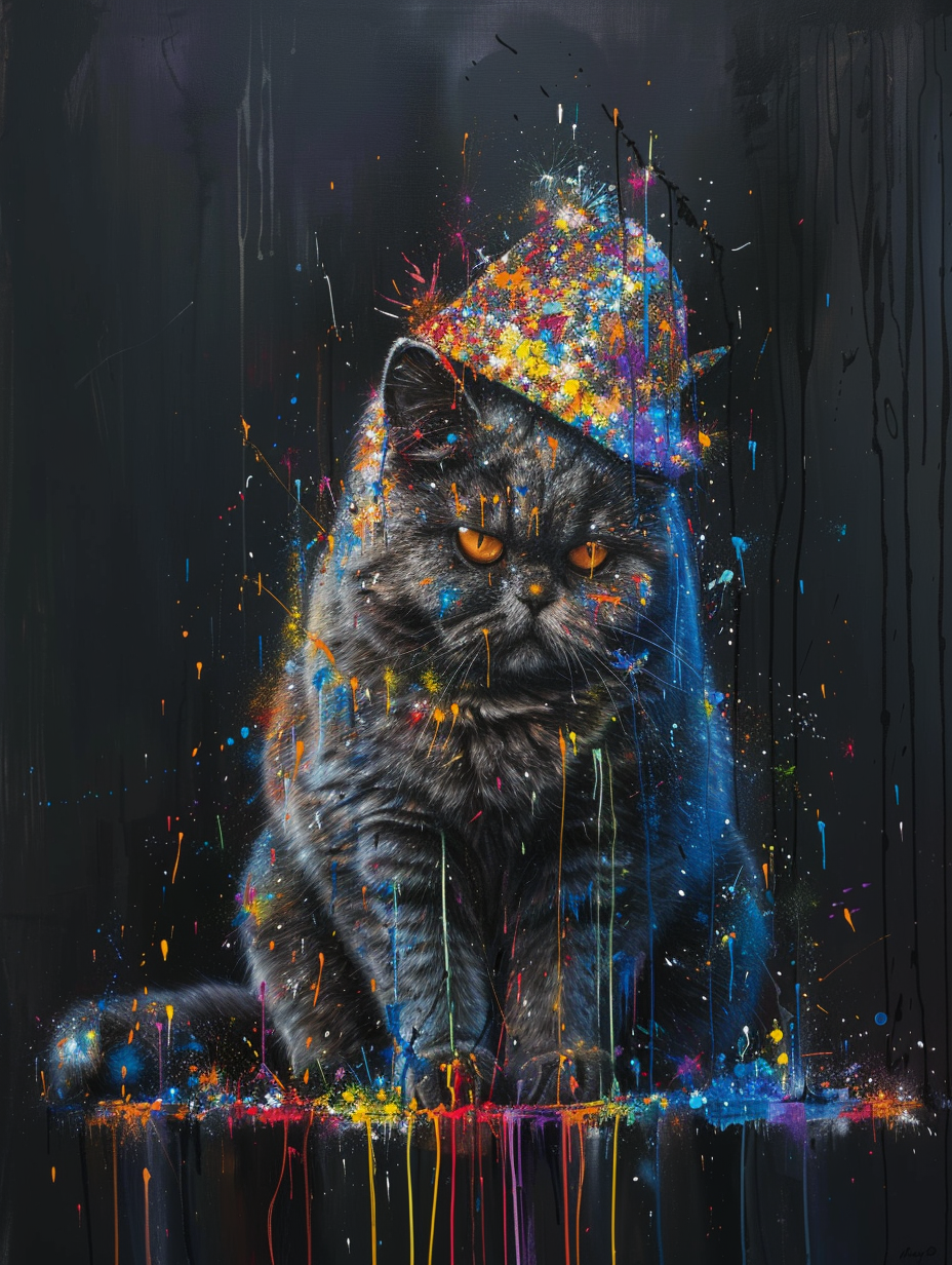 colorful space British Shorthair cat with a hat Expressive surreal Poster # F025338