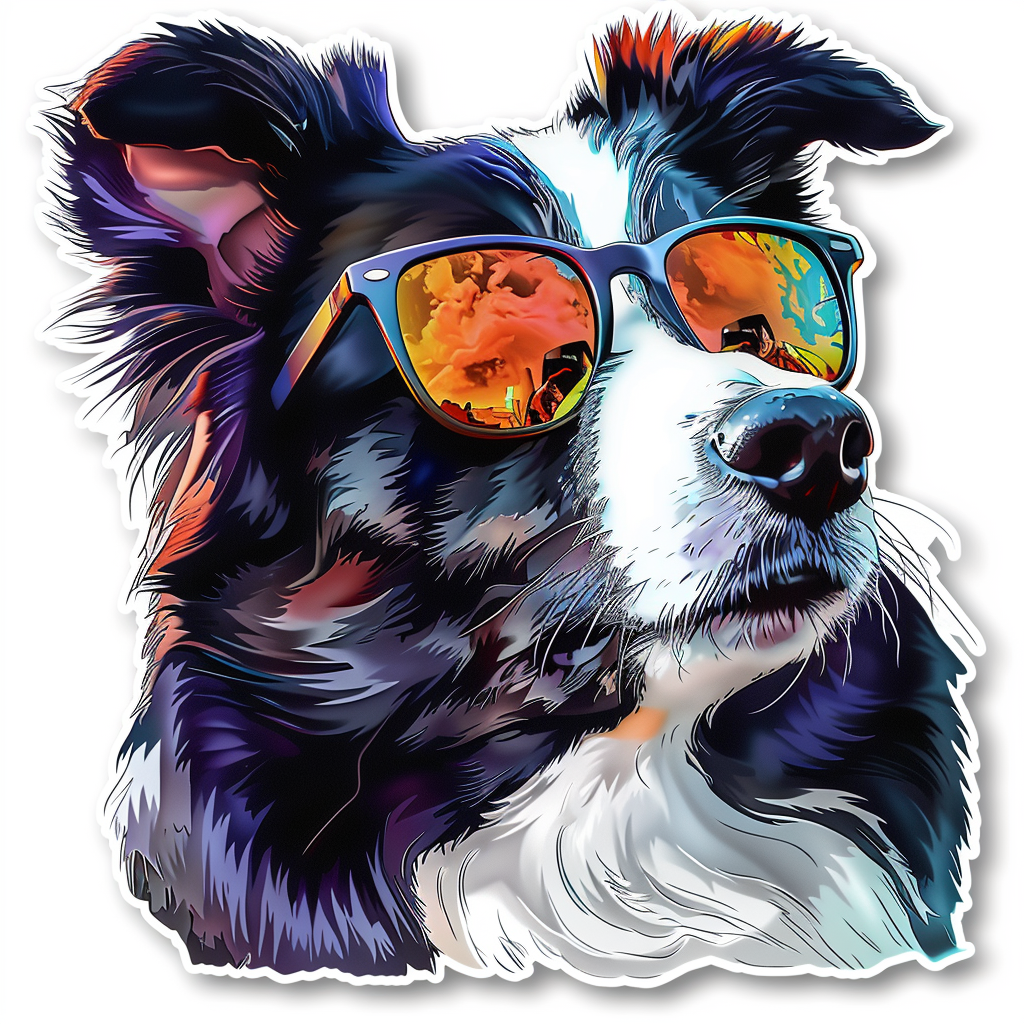 Border Collie Dog wearing sunglasses Expressive surreal Vinyl Decal Sticker for Car, Laptop, Tumbler and more # F021681-4" x 4"