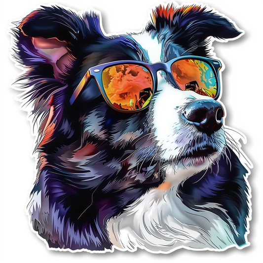 Border Collie Dog wearing sunglasses Expressive surreal Vinyl Decal Sticker for Car, Laptop, Tumbler and more # F021681-4" x 4"