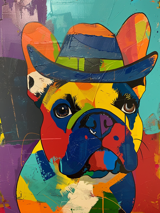 Colorful space French Bulldog dog with a hat Expressive surreal Poster # F025417
