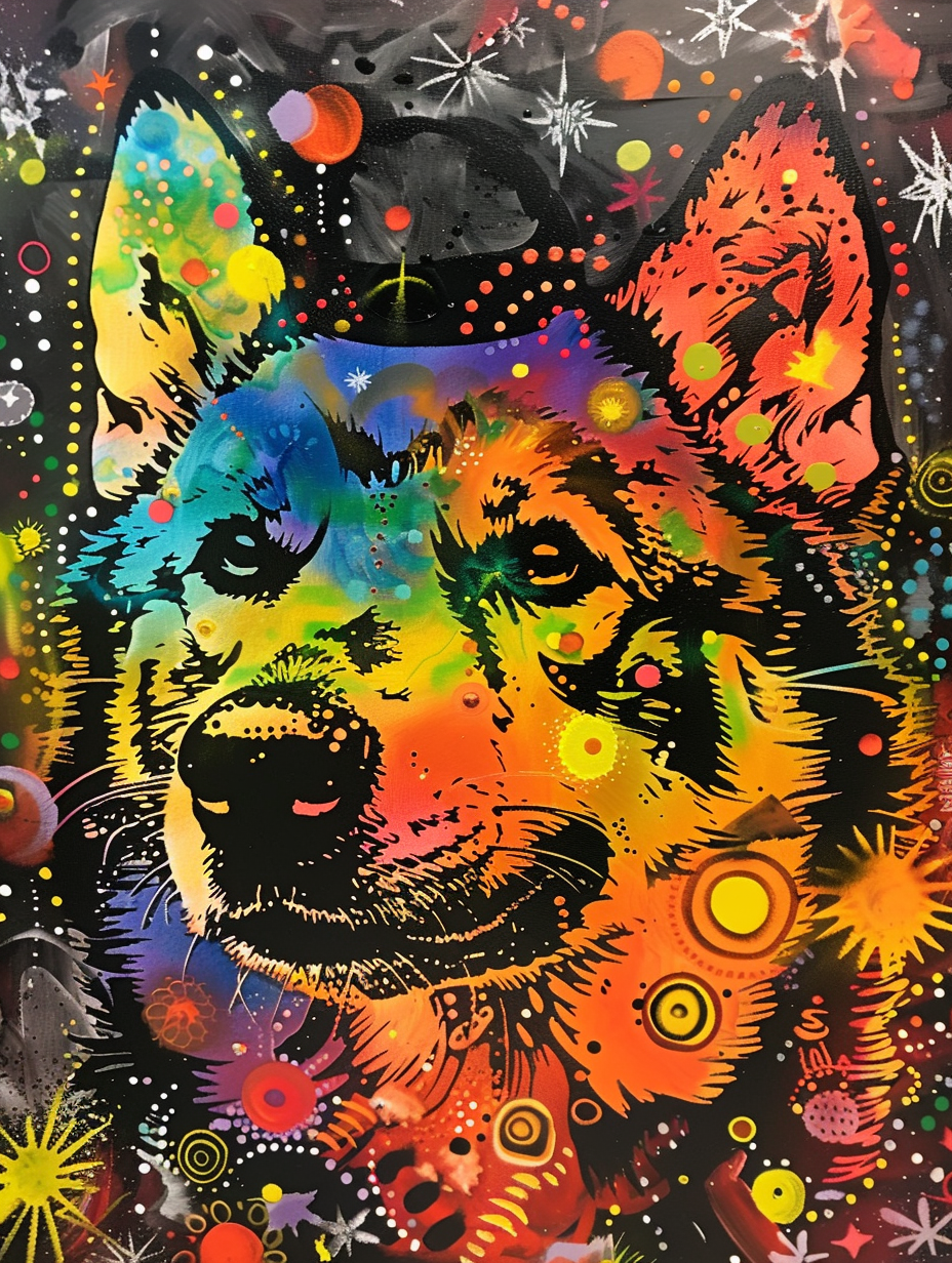 Colorful space Siberian Husky dog with a hat Expressive surreal Poster # F024557