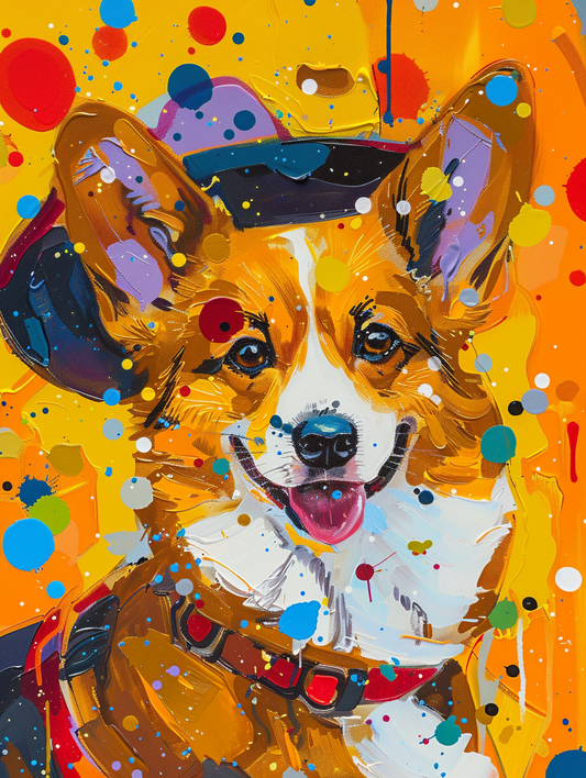 Colorful space Pembroke Welsh Corgi dog with a hat Expressive surreal Poster # F024600