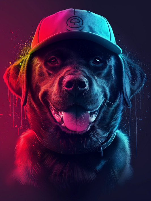 colorful space Labrador Retriever dog with a hat Expressive surreal Poster # F025201