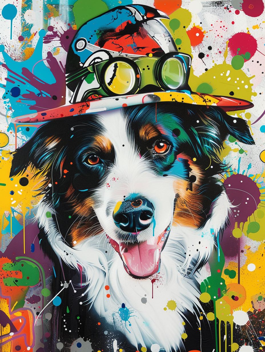 Colorful space Border Collie dog with a hat Expressive surreal Poster # F024616