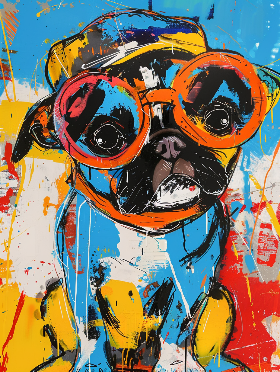 Colorful space Boston Terrier dog with a hat Expressive surreal Poster # F024491