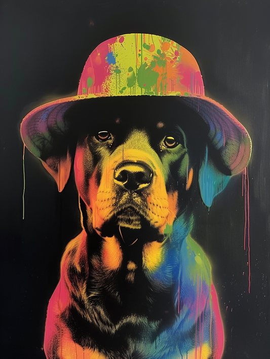 Colorful space Rottweiler dog with a hat Expressive surreal Poster # F025607
