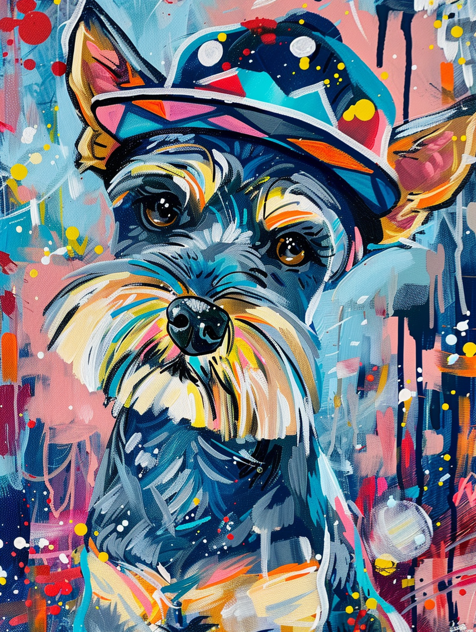 colorful space Miniature Schnauzer dog with a hat Expressive surreal Poster # F025526