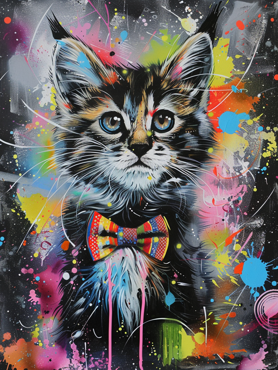 Colorful space Norwegian Forest Cat cat with a bow Expressive surreal Poster # F024324