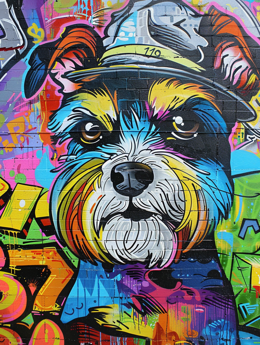 Colorful space Miniature Schnauzer dog with a hat Expressive surreal Poster # F024588