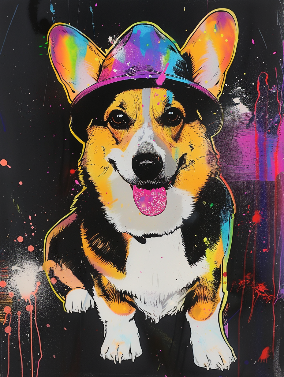 Colorful space Pembroke Welsh Corgi dog with a hat Expressive surreal Poster # F025505