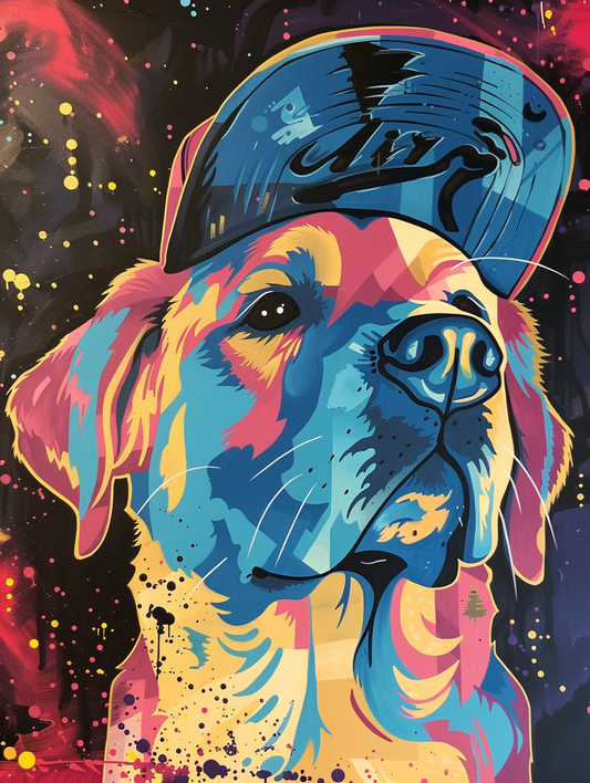 Colorful space Golden Retriever dog with a hat Expressive surreal Poster # F025410