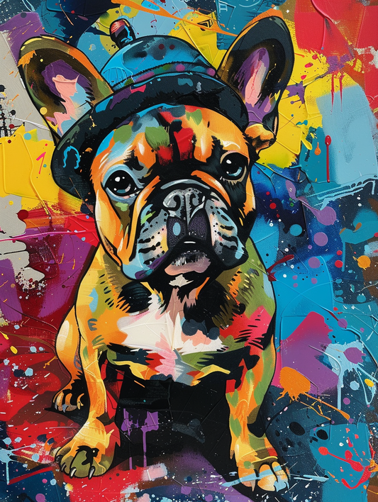 Colorful space French Bulldog dog with a hat Expressive surreal Poster # F025164