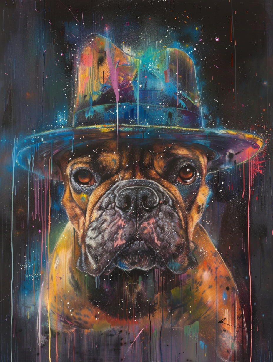Colorful space Bulldog dog with a hat Expressive surreal Poster # F025058