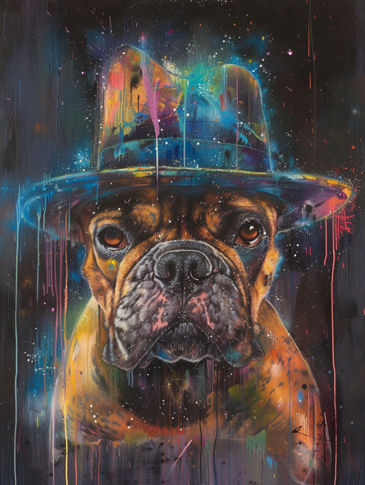 Colorful space Bulldog dog with a hat Expressive surreal Poster # F025058