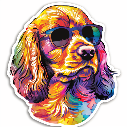 Cocker Spaniel Dog wearing sunglasses Expressive surreal Vinyl Decal Sticker for Car, Laptop, Tumbler and more # F020102-4" x 4"