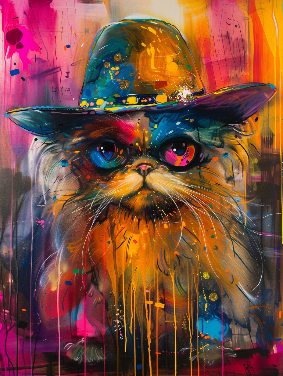 Colorful space Persian cat with a hat by Hebru Bra Expressive surreal Poster # F024615