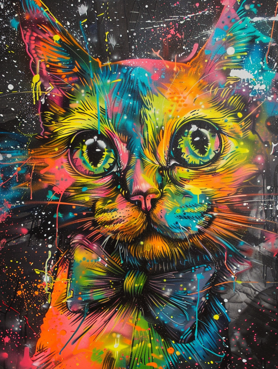 Colorful space Somali cat with a bow tie Expressive surreal Poster # F024304
