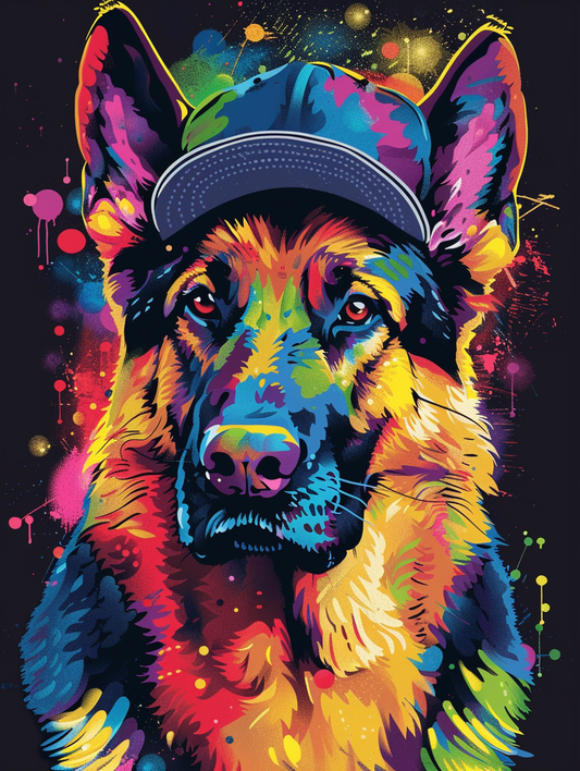colorful space German Shepherd dog with a hat Expressive surreal Poster # F025601