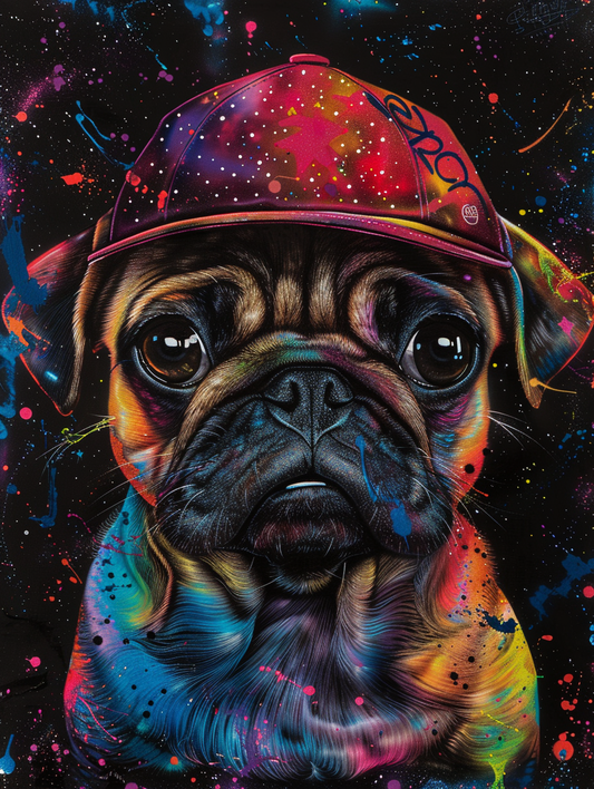 Colorful space Pug dog with a hat Expressive surreal Poster # F025490