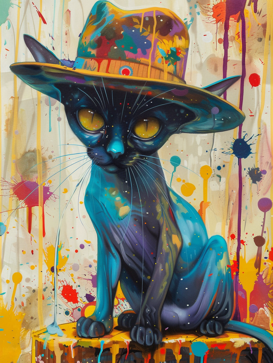 colorful space Siamese cat with a hat Expressive surreal Poster # F025299