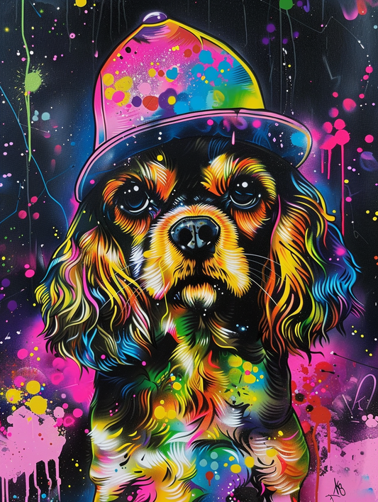 Colorful space Cocker Spaniel dog with a hat Expressive surreal Poster # F025112