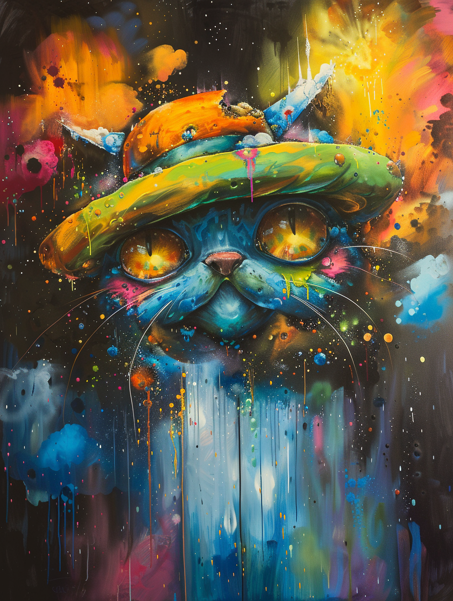 Colorful space Scottish Fold cat with a hat Expressive surreal Poster # F025329