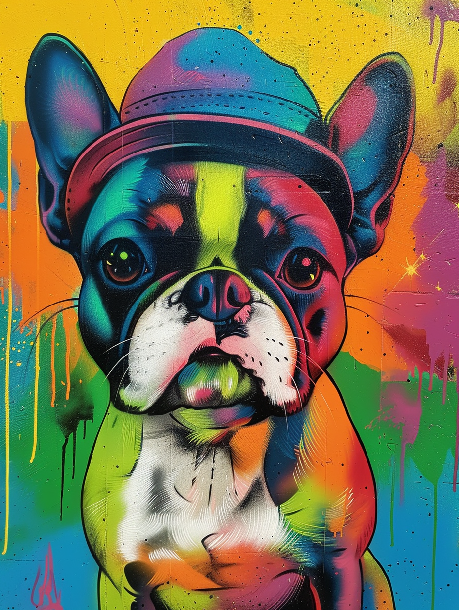 Colorful space Boston Terrier dog with a hat Expressive surreal Poster # F024413
