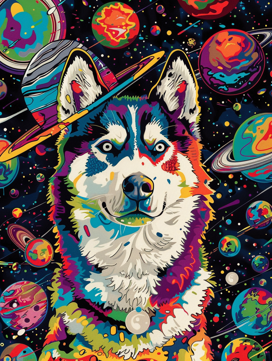 Colorful space Siberian Husky dog with a hat Expressive surreal Poster # F024403