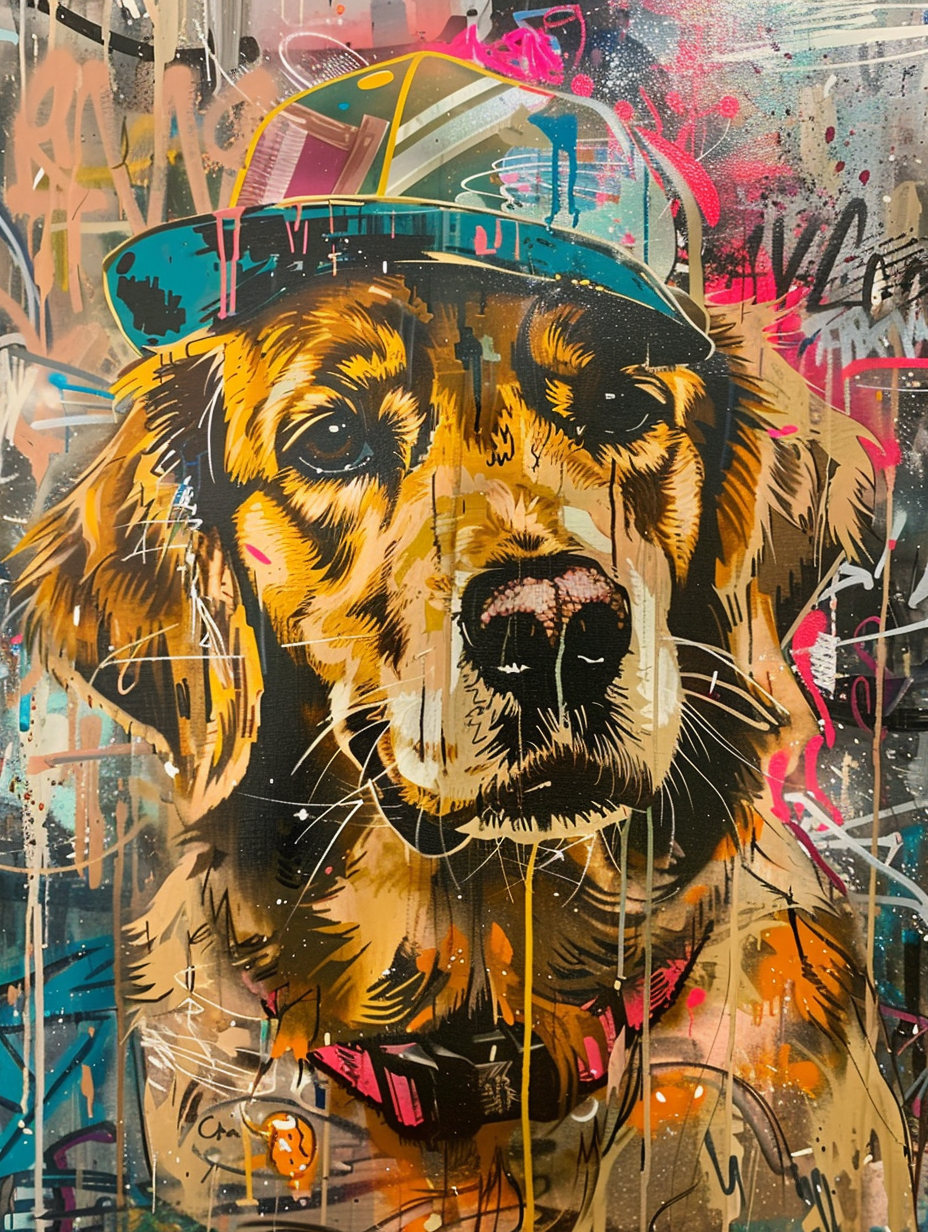 Colorful space Golden Retriever dog with a hat Expressive surreal Poster # F025586