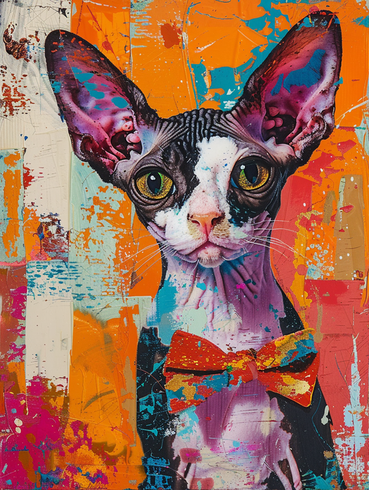 Colorful space Cornish Rex cat with a bow tie Expressive surreal Poster # F024329