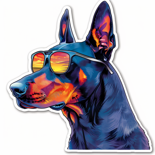 Sticker of a Doberman Pinscher Dog wearing sunglasses Expressive surreal Vinyl Decal Sticker for Car, Laptop, Tumbler and more # F019180