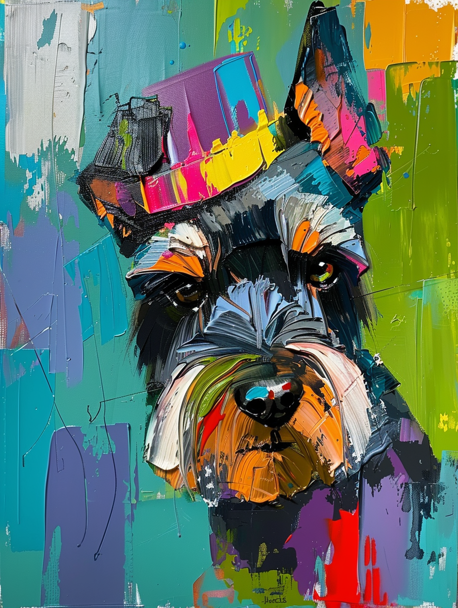 Colorful space Miniature Schnauzer dog with a hat Expressive surreal Poster # F024479