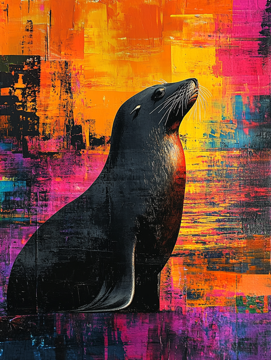 The silhouette of a sea lion with an abstract colo Expressive surreal Poster # F024850