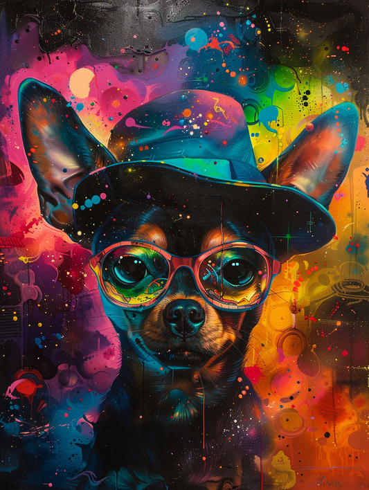 Colorful space Chihuahua dog with a hat Expressive surreal Poster # F025126