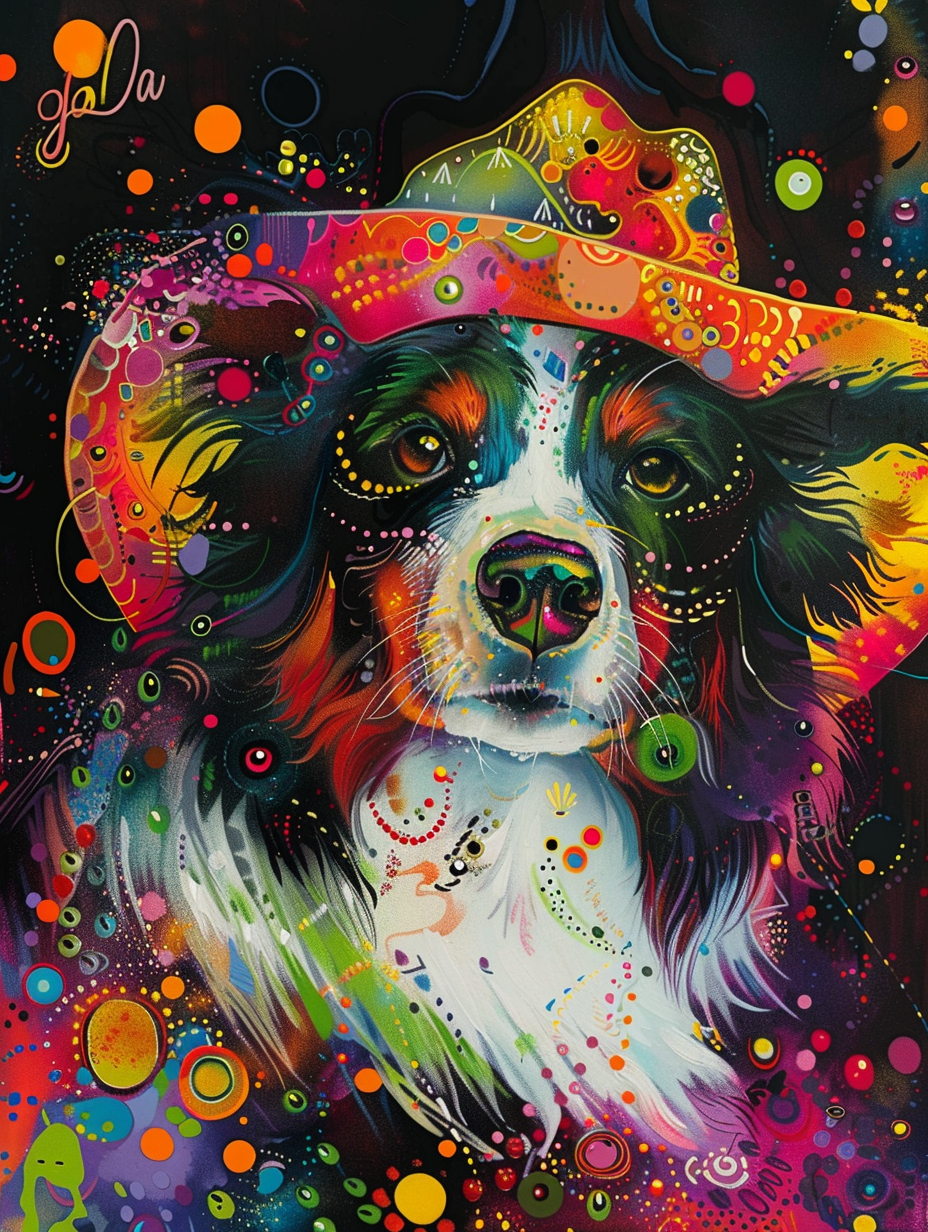 Colorful space Border Collie dog with a hat Expressive surreal Poster # F025139